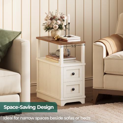 Slim End Table with 2 Drawers, Farmhouse Narrow Nightstand Wood，