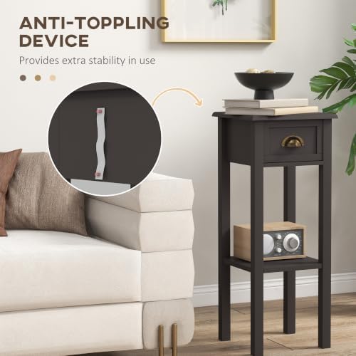 HOMCOM Narrow End Table with Drawer and Bottom Shelf Set of 1 Coffee