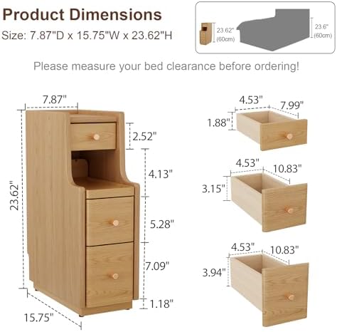 Solid Wood Narrow Nightstand with 3 Drawers,Modern Natural,Fully Assembled