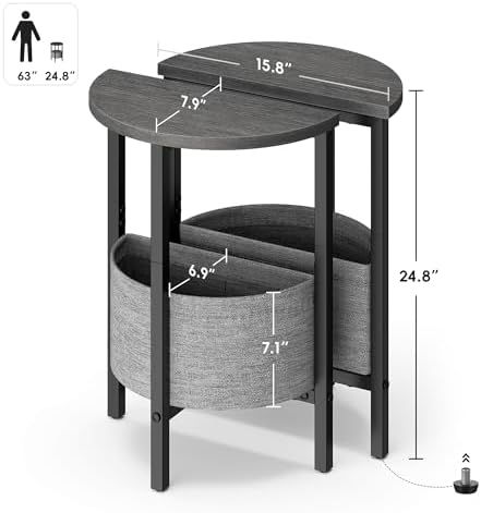 Vagusicc Small Round Side Table End Table, Tall Accent Table with Storage Basket, Set of 2 Half Round Table Half Moon Tables, Coffee Bedside Table Modern Nightstand for Living Room Bedroom Gray Walnut