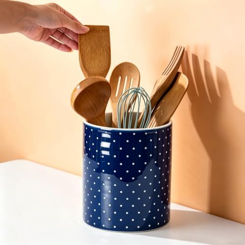 Kitchen Utensil Holder,7.2-inch Extra Large Ceramic Polka Dots Pattern Utensil Crock,Cooking Utensil Organizer for Kitchen Counter Decor,Storage Caddy Farmhouse Gift Dark Blue