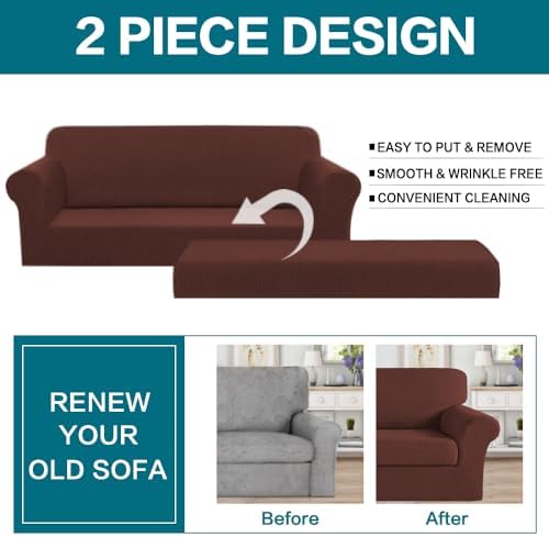 Turquoize Stretch Sofa Slipcover 2 Pieces Sofa Cover Couch Cover for 3 Cushion Couch Washable Furniture Protector Covers with Elastic Bottom Feature Thick Jacquard Fabric (Sofa, Burnt Brick)