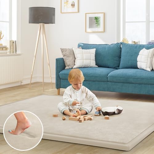 Baby Play Mat for Floor Nursery Rug Muscle Mat Area Rug Playroom Rug 59"x59" Playpen Mat Elastic Foam 1.3" Thick Crawling Mat for Babies,Toddlers, Infants, Kids,A Beige