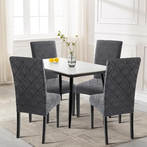 SearchI Dining Room Chair Covers Set of 6, Stretch Jacquard Parsons Chair Slipcovers Super Fit Spandex Removable Washable Kitchen Chair Protector Cover for Dining Room, Hotel, Ceremony (Grey)