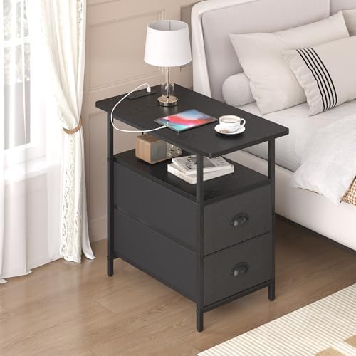 sthmec End Table with Charging Station, Narrow Side Table with 2 Drawers, Nightstands with Drawers, USB Ports & Power Oulets,Slim Sofa Side Tables for Small Spaces,Living Room,Bedroom,Black