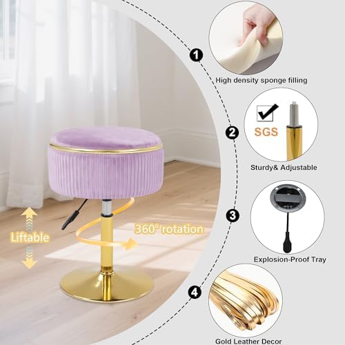 Adjustable Vanity Stool, Velvet Makeup Stool with Storage Purple