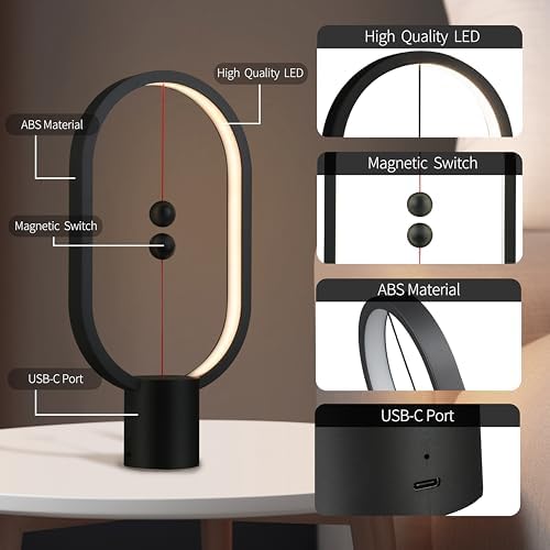 Heng Soft-Glow Balance Desk Lamp for Nightstand Or Bed - Modern Table Mood Lighting with Dimmer Switch - Cute Decorative Gift for Bedroom, Living Room, Office & Dorm (Black)