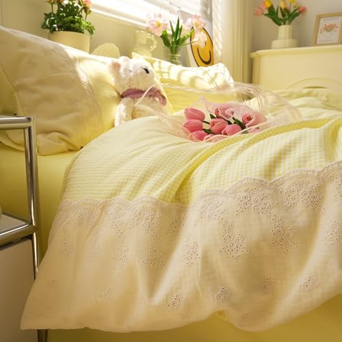 LifeTB Yellow Gingham Duvet Cover King 3 Pieces Romantic Lace Comforter Cover Soft Microfiber Cream Yellow Grid Duvet Cover Farmhouse Plaid Checkered Comforter Cover Grid Gingham Bedding Set