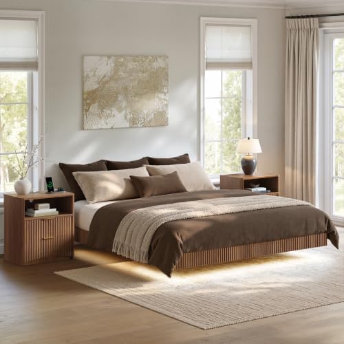 Evermagin Queen Bedroom Set, Floating Bed Frame & Charging Nightstands
