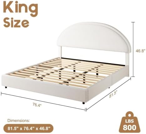 REVOMINCA King Size Bed Frame with Round Headboard, Boucle Upholstered Bed with Round Headboard, Soft Arch Shaped Modern Style, No Box Spring Required, Easy Assembly, White