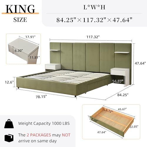 King Size Bed Frame with Storage & Built-in Nightstands & Drawers, Green