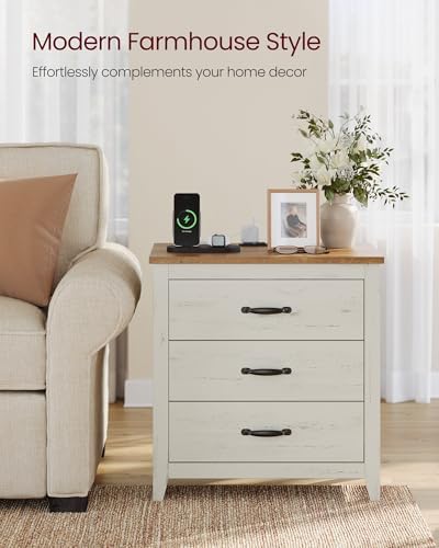 VASAGLE 23.6‑Inch Farmhouse Nightstand with Charging Station, 3 Drawers