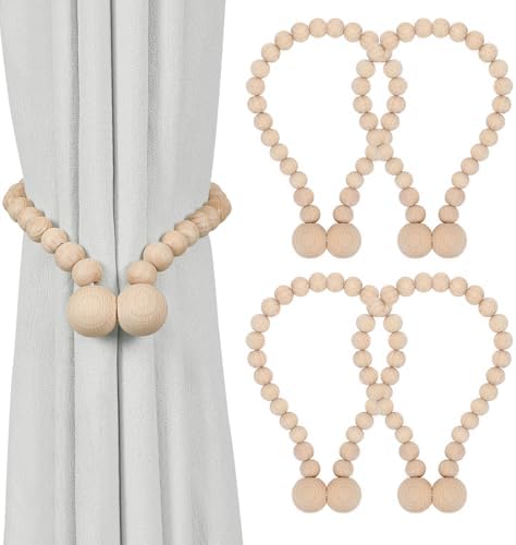 KLOGTSIND Magnetic Curtain Tiebacks, 4 Pack Wood Bead Curtain Holdbacks