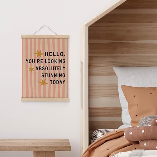 MAQIKA Inspirational Girl Nursery Poster Framed with Wood Hanger, Girls Room Hanging Wall Decor, Retro Pink Striped Motivational Canvas Wall Art Paints for Kids Girls Room Bedroom, 12x16 Inch