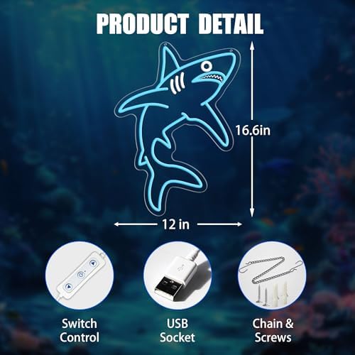 Shark Neon Sign, Dimmable LED Wall Light for Bedroom, Boys Room or Man Cave, Shark Wall Decor Night Light, Ocean-Themed Birthday or Christmas Gift