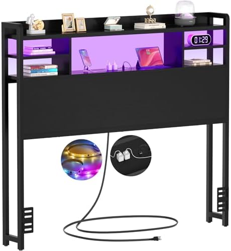 Aheaplus Headboard for Twin Size Bed with Storage and Outlets, Black