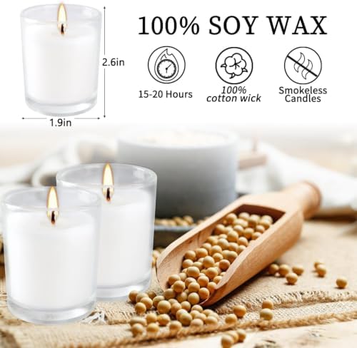 Set of 72 Pack White Unscented Clear Glass Filled Votive Candles. Hand Poured Wax Candle Ideal Gifts for Home Décor Parties Weddings Holidays and Meditation (White)