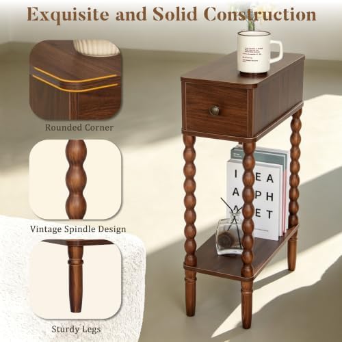 Fultyle Small Narrow Side Table, Skinny Nightstand with Drawer and Shelf