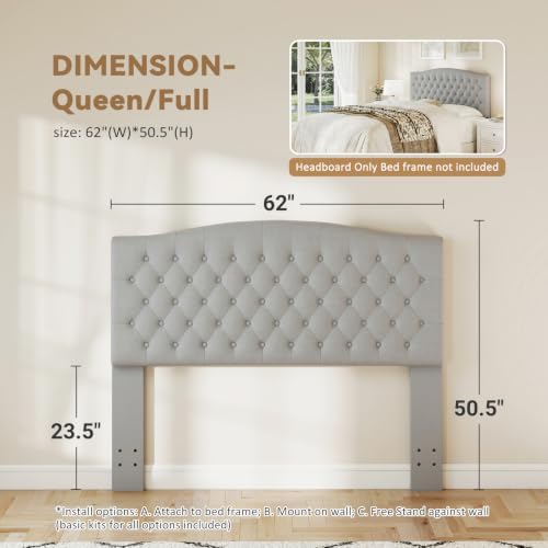 Befurtori Queen Headboard Only, Velvet Classic Tufted Design, Silver Gray