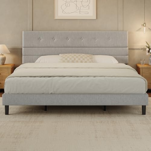 GRUSIGN King Size Bed Frame with Linen Fabric Headboard, Adjustable Height Upholstered Platform Bed Frame with Wooden Slats, Easy Assembly, Dark Grey
