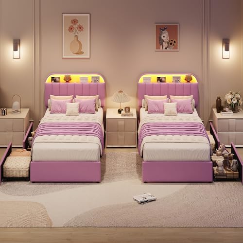 GarveeHome Twin Bed Frame, Platform Bed with Storage Headboard & Drawers