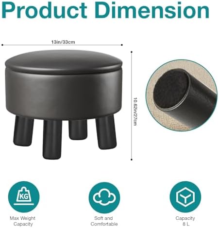 Small Foot Stool Ottoman with Storage, Faux Leather Ottoman Foot Rest for Couch, Round Footstool Ottomans for Living Room (Black)