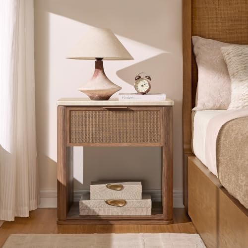 Night Stand, Rattan Nightstand with 1 Drawer&Open Shelf