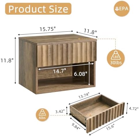 BuildHom Floating Nightstand with Fluted Drawer, Bedside Table