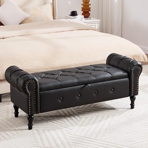 Storage Bench 51" Faux Leather End of Bed Benches Obsidian Black