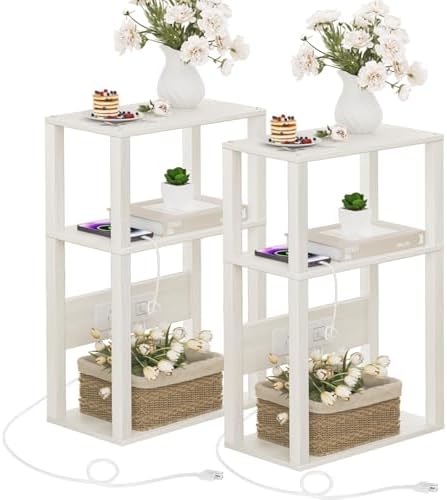YUFAM 3-Tier Narrow Bedside Table Set 2 for Small Spaces, Skinny Nightstand