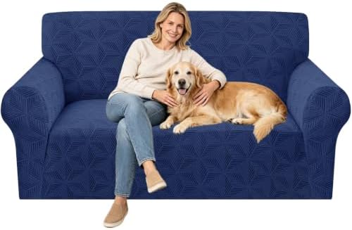 ZNSAYOTX Stretch Couch Cover, 1 Piece Sofa Covers for 2 Cushion Couch, Jacquard Loveseat Slipcovers with Elastic Bottom Thickened Furniture Protector for Dog Cat Pet (Medium, Navy Blue)