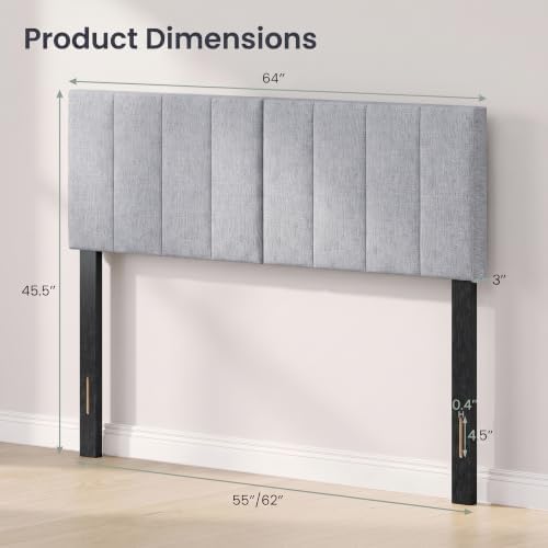 KOMFOTT Linen Upholstered Headboard for Full & Queen Size Bed, Vertical Channel Tufted Rectangular Headboard with Solid Wood Legs & Adjustable Width, Padded Bed Backboard, Easy Assembly (Gray)