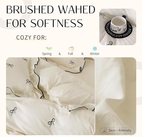3-Piece Duvet Cover Set Brushed Washed for Softness,1 Duvet Cover and 2 Pillowcases,Black Bow Ruffles Bedding Set for All Seasons,Cute Comforter Covers with Ties Twin Size 80"×90”