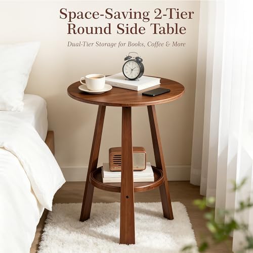 2-Tier Bamboo Round Side Table, Mid-Century Modern End Table