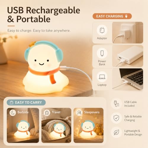 Snow Baby Night Light for Kids, Silicone Squishy Lamp, 3-Level Dimmable Touch Bedside Light, USB Rechargeable Nursery Lamp for Baby Bedroom, Birthday Christmas Gift