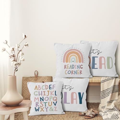 Kids Throw Pillow Covers 18x18, Let's Read Play English Alphabet Rainbow Decorative Pillow Covers for Kids Nursery Reading Corner Room Nook Playroom, Classroom Accent Pillows Cover Set of 4