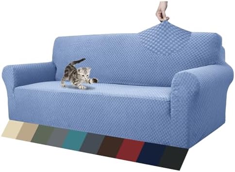 ZNSAYOTX 1 Piece Jacquard Couch Covers for 3 Cushion Couch Living Room High Stretch Sofa Cover Pets Dogs Friendly Anti Slip Thickened Slipcovers Furniture Protector (Large, Light Blue)