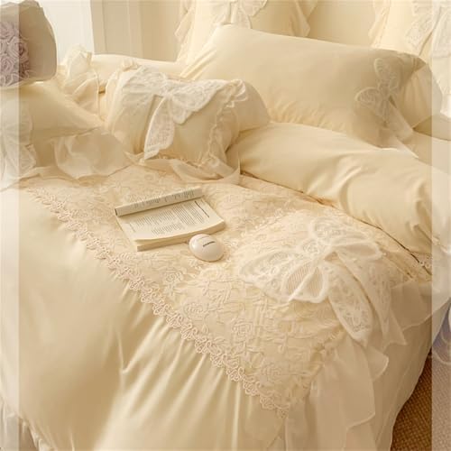 MOOWOO Lovely Bow Chic Duvet Cover Set- Ruffle Lace Polyester Comforter Cover -Girl French Princess Style Bedding-2 Piece Twin Duvet Cover with Zipper Closure -No Comforter-Yellow,Twin Size