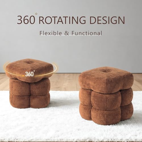 Get Set Style 360° Swivel Flower Ottoman, Linen Vanity Stool Footrest with 300LBS Capacity, No Assembly Small Space Accent Chair for Living Room Bedroom Entryway (Honey Ginger)
