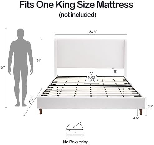 54" Tall Headboard King Upholstered Platform Bed Frame with Wingback, Modern Farmhouse Tufted Fabric Bed with Solid Wood Legs, No Box Spring Needed, Textured Ivory Canvas