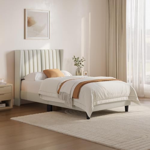 Yaheetech Twin Bed Frame with Headboard,Ivory Channel-Tufted Platform