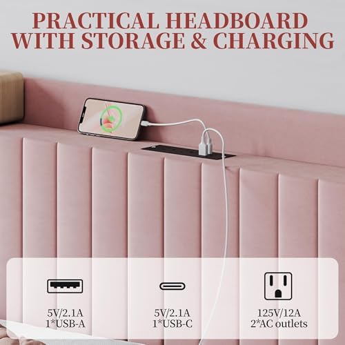 Yaheetech Queen Bed Frame with Channel-Tufted Headboard, USB/AC Ports, Pink