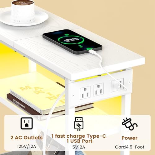 Narrow White Side Table with Charging Station and LED Light, End Table