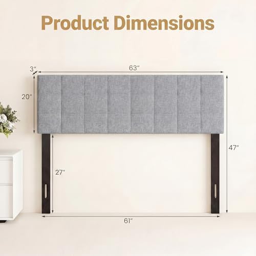 GIANTEX Linen Upholstered Headboard, Queen/Full Size Grid Quilted Fabric Head Board with Wood Support Legs, Attach Frame, Width Adjustable Modern Bed Headboard Only (Gray)