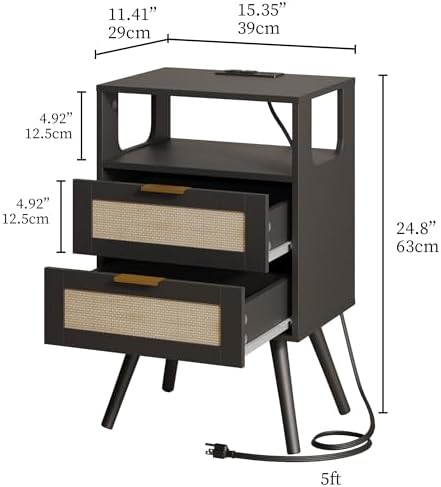 JOONEE Rattan Nightstand with Charging Station,Farmhouse Bedside Table with 2 Storage Drawer and Open Wood Shelf, for Bedroom and Small Spaces,Night Stand with Solid Wood Legs (Black-Outlet)