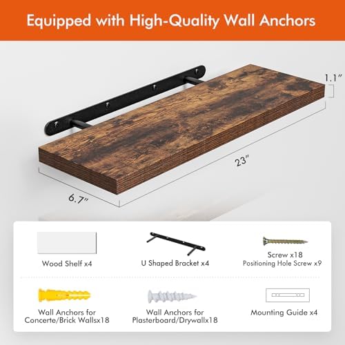 YUFLINX 23’’Rustic Brown Floating Shelves for Wall,Rustic Wood Shelf for Room Decor/Storage/Display,Small Bookshelf,Wall Mounted Hanging Shelves for Bedroom, Bathroom, Living Room, Kitchen,Set of 4