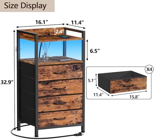 Furnulem Night Stand with Charging Station, 4 Drawer Tall Bedside Table