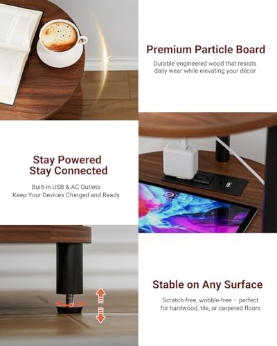 XBurmo Small Round End Table - 3 Tier Design Accent Table, Narrow Side or Bedside Stand, Industrial Vintage Table for Small Spaces, Built-in USB Ports and Power Outlet, Rustic Walnut