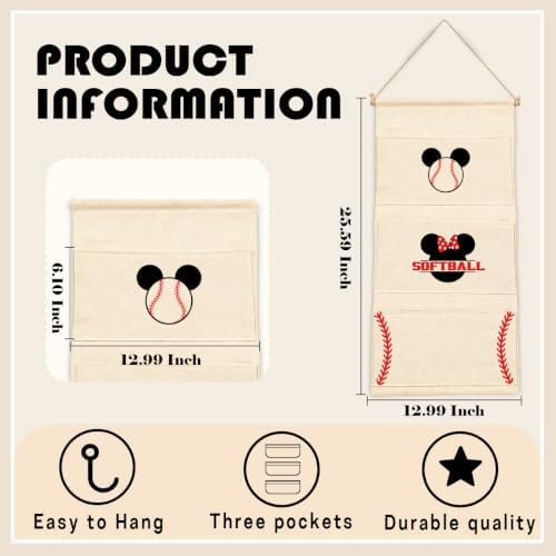 3-Pocket Hanging Wall Organizer, Baseball Theme Over Door Storage