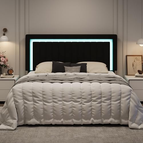SHA CERLIN King Size Velvet Bed Frame with LED Light, Black